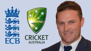 Brendon McCullum in formal attire with the England and Wales Cricket Board (ECB) and Cricket Australia logos in the background.
