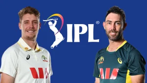 Australian cricketers Cameron Green and Glenn Maxwell pictured with the IPL logo on a blue background