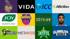 A collage featuring logos of cricket teams like Kolkata Knight Riders, UP Warriorz, Sydney Thunder, and Melbourne Stars, brands like Joy, Vida, Streax, AB InBev, and Gumbuya World, organizations like ICC and MetaWeb, along with an image of Indian cricketer Jasprit Bumrah.