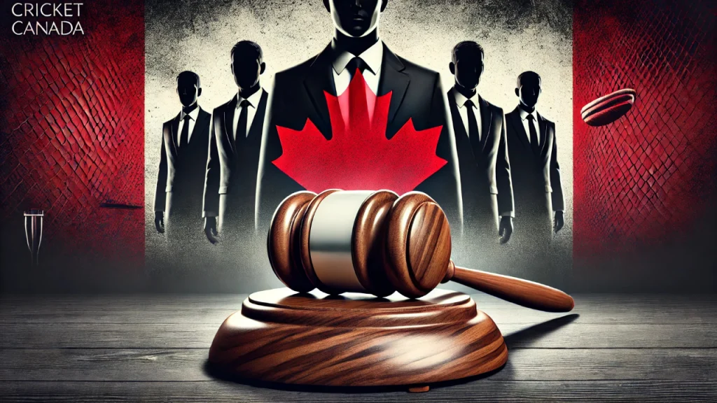 Illustration symbolizing Cricket Canada governance with a judge’s gavel, silhouetted officials in suits, and a red maple leaf backdrop.