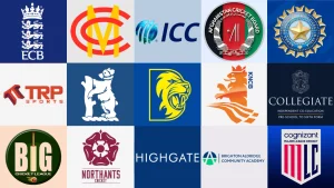 Logos of various cricket organizations and institutions including ECB, ICC, BCCI, Afghanistan Cricket Board, Major League Cricket, county clubs, leagues, and schools