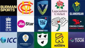 A collage of various cricket organization logos including ECB, ICC, Lancashire Cricket, Glamorgan, Trent Rockets, Cricket NSW, and others.