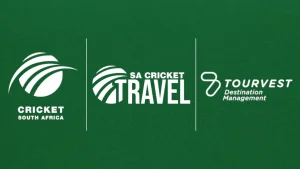 Logos of Cricket South Africa, SA Cricket Travel, and Tourvest Destination Management on a green background