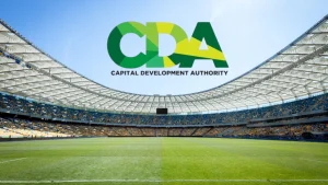 Modern cricket stadium with the Capital Development Authority (CDA) logo displayed above the stands