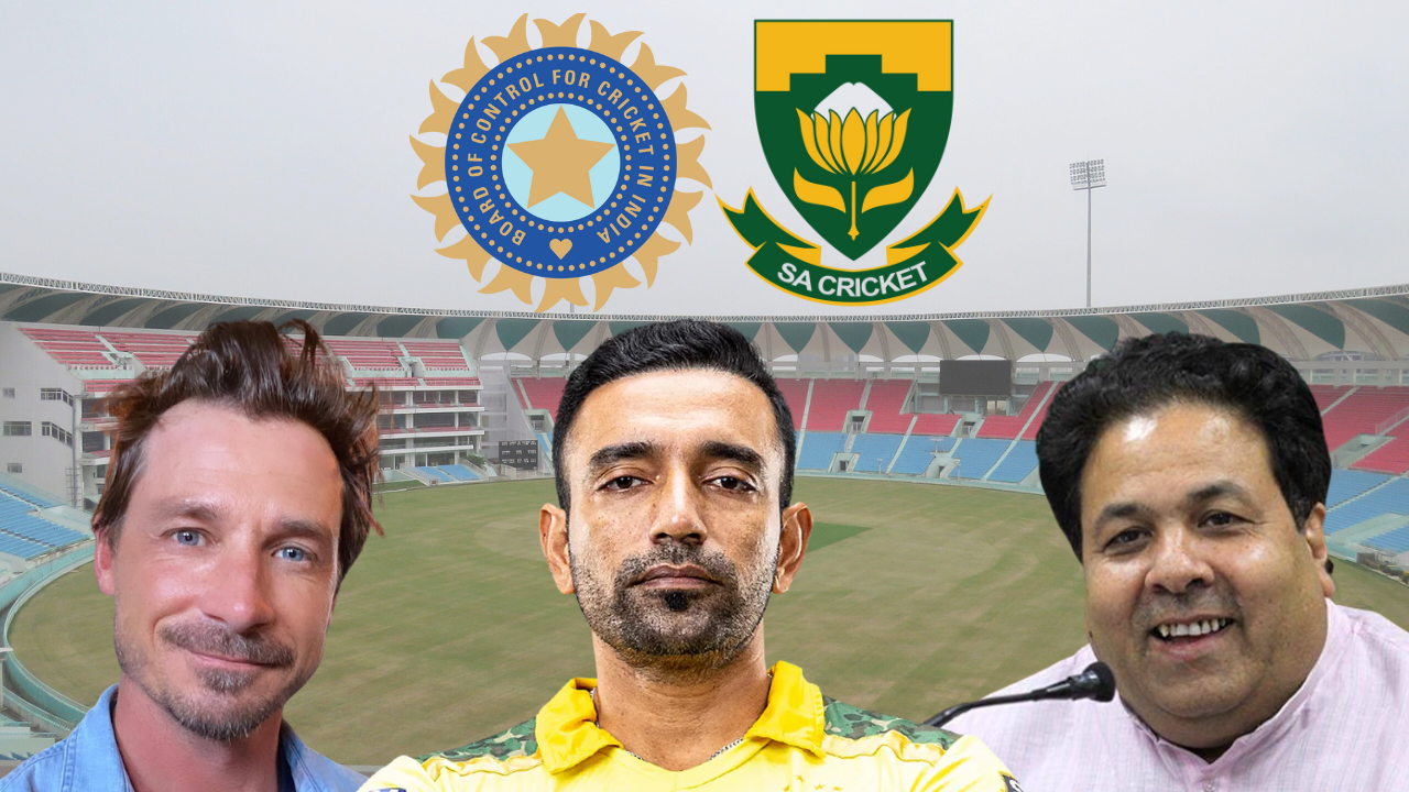 Dale Steyn, Robin Uthappa, and Rajeev Shukla with BCCI and CSA logos in the background of a cricket stadium