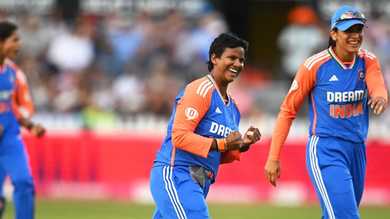 Deepti Sharma celebrates a wicket with Smriti Mandhana during an India women’s cricket match.