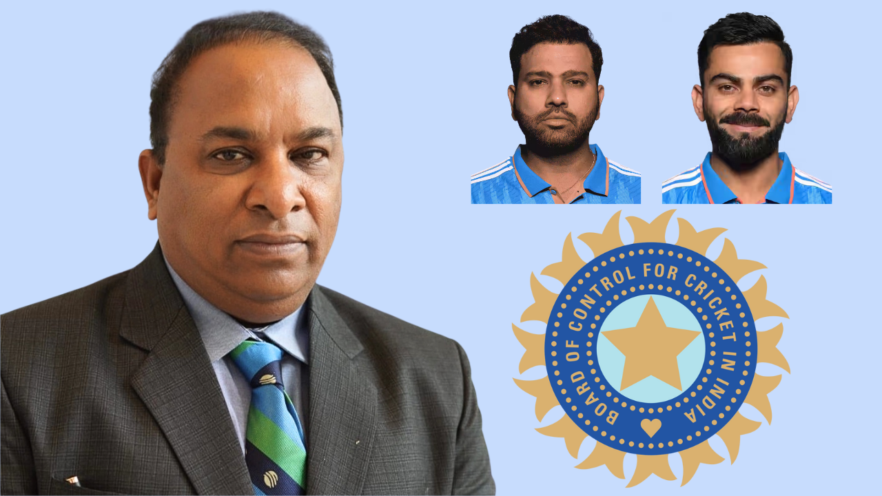 BCCI official Devajit Saikia alongside Indian cricketers Rohit Sharma and Virat Kohli with the Board of Control for Cricket in India (BCCI) logo