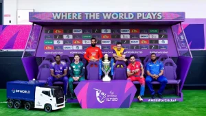 Captains of all teams posing with the DP World ILT20 2025 trophy during a pre-tournament photo shoot