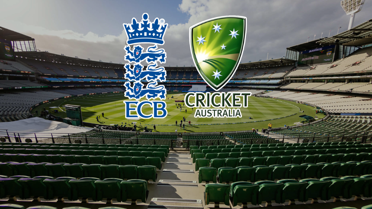 ECB and Cricket Australia logos displayed over Melbourne Cricket Ground ahead of an Ashes match