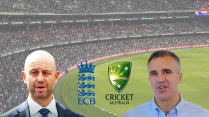 Todd Greenberg and Peter Malinauskas with ECB and Cricket Australia logos in front of a packed Adelaide Oval stadium