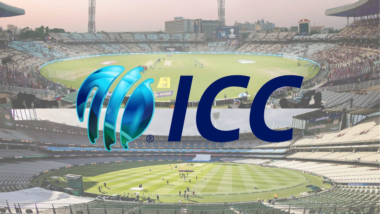 ICC logo overlaid on images of Eden Gardens Stadium in India and Melbourne Cricket Ground (MCG) in Australia.