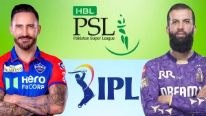 Faf du Plessis and Moeën Ali pictured with Pakistan Super League (PSL) and Indian Premier League (IPL) logos, representing star players from both T20 leagues in 2025.