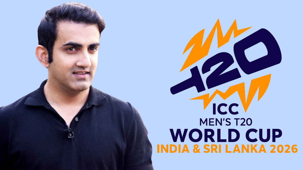 Gautam Gambhir beside the official ICC Men's T20 World Cup 2026 logo, hosted by India and Sri Lanka.