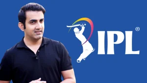 Gautam Gambhir standing in front of the IPL logo on a blue background.