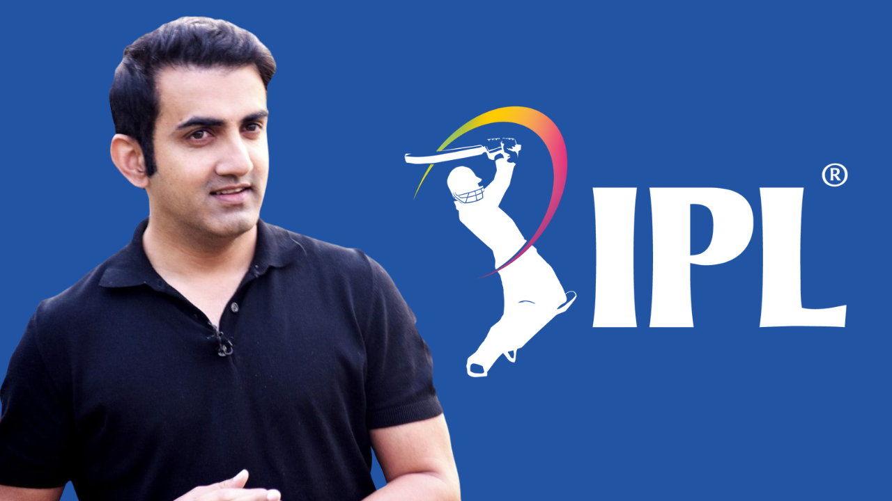 Gautam Gambhir standing in front of the IPL logo on a blue background.