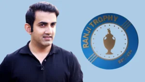 Gautam Gambhir standing next to the Ranji Trophy logo on a blue background