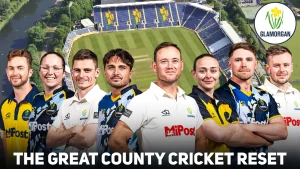 Glamorgan cricket players from men's and women's squads posing in front of their home ground with the headline "The Great County Cricket Reset" for the 2025 season.
