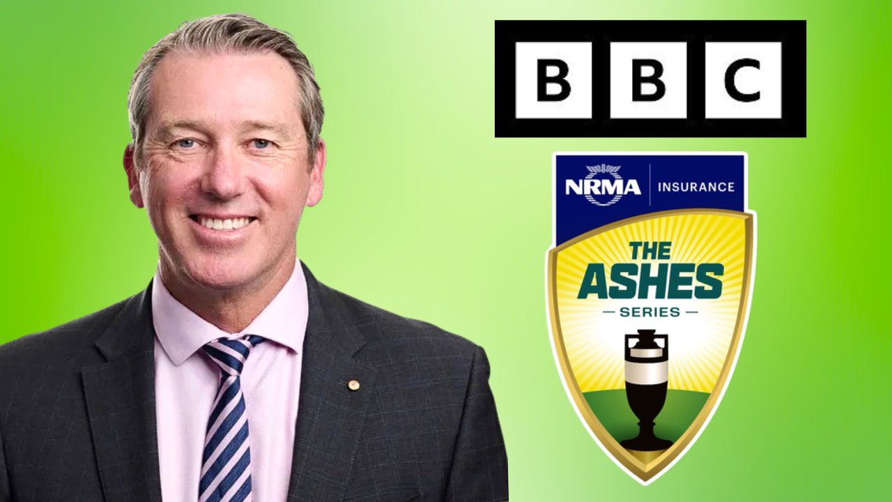 Glenn McGrath with BBC and NRMA Ashes Series logos on a green background