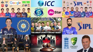 Collage of international cricket boards, players from the IPL and WPL, broadcasters like Prasar Bharati and Jio, and logos of ICC, ECB, Cricket Australia, and domestic leagues representing global cricket broadcasting and media rights in 2025.