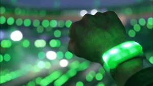 Fan raises a fist wearing a green illuminated wristband inside a cricket stadium during an ICC event.