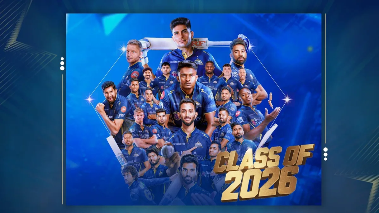 Gujarat Titans IPL 2026 squad poster featuring players in team jerseys with "Class of 2026" text.