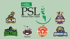 Logos of all six HBL Pakistan Super League (PSL) 2025 teams including Peshawar Zalmi, Multan Sultans, Lahore Qalandars, Islamabad United, Quetta Gladiators, and Karachi Kings.