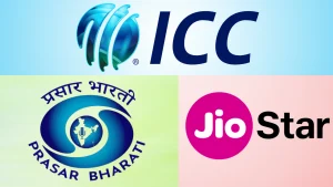Logos of ICC, Prasar Bharati, and JioStar representing cricket broadcasting and media partnerships