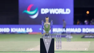 ILT20 cricket trophy on the field with DP World branding in the background during 2025 season