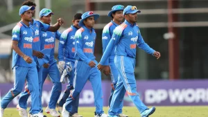 India U19 cricket team players walking on the field during the U19 Asia Cup 2025 match.