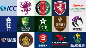 Collage of various international and domestic cricket board logos including ICC, ECB, Cricket Australia, PCB, and county clubs