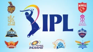 IPL 2025 official logo in the center surrounded by all 10 team logos including Mumbai Indians, CSK, RCB, KKR, GT, LSG, SRH, DC, RR, and PBKS on a blue gradient background