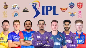 IPL 2025 players including Quinton de Kock, Cameron Green, Devon Conway, Prithvi Shaw, Jake Fraser-McGurk, Venkatesh Iyer, and David Miller with all IPL team logos in the background