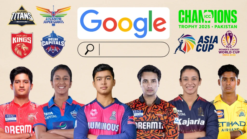 Collage featuring IPL 2025 players Vaibhav Sooryavanshi, Priyansh Arya, Jemimah Rodrigues, Smriti Mandhana, Shaik Rasheed, and Abhishek Sharma with Google search bar and logos of Rajasthan Royals, Punjab Kings, RCB, CSK, SRH, and major cricket tournaments like ICC Champions Trophy 2025, Asia Cup, and Women’s Cricket World Cup.