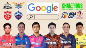 Collage featuring IPL 2025 players Vaibhav Sooryavanshi, Priyansh Arya, Jemimah Rodrigues, Smriti Mandhana, Shaik Rasheed, and Abhishek Sharma with Google search bar and logos of Rajasthan Royals, Punjab Kings, RCB, CSK, SRH, and major cricket tournaments like ICC Champions Trophy 2025, Asia Cup, and Women’s Cricket World Cup.