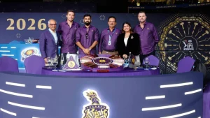Abhishek Nayar, Tim Southee, Venky Mysore and Kolkata Knight Riders team members pose at the IPL 2026 auction table.