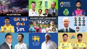 Collage featuring IPL Auction 2026, Chennai Super Kings players, global cricket figures, PCA county cricket reset, Syed Mushtaq Ali Trophy, Pakistan BBL collaboration, and cricket legends like Sunil Gavaskar and Lionel Messi