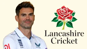 James Anderson in England cricket shirt next to Lancashire Cricket Club logo on a beige background