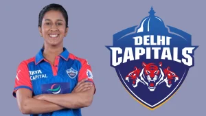 Jemimah Rodrigues in Delhi Capitals jersey with team logo in the background during Women's Premier League (WPL)
