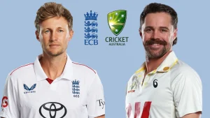 Joe Root and Travis Head representing England and Australia with ECB and Cricket Australia logos, highlighting Ashes cricket rivalry in 2025.