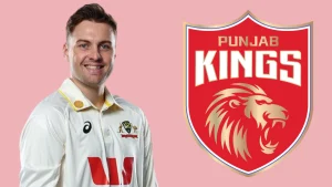 Josh Inglis in Australia Test jersey next to Punjab Kings (PBKS) logo on pink background, IPL 2025 context