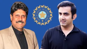 Kapil Dev and Gautam Gambhir with the BCCI (Board of Control for Cricket in India) logo on a blue background.