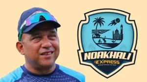 Khaled Mahmud Sujan next to Noakhali Express cricket team logo featuring cultural and cricket-themed elements.
