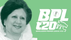 Khaleda Zia next to the Bangladesh Premier League (BPL) T20 2026 logo on a green background.