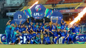 Lanka Premier League 2025 winning team celebrating with trophy after the final match victory.
