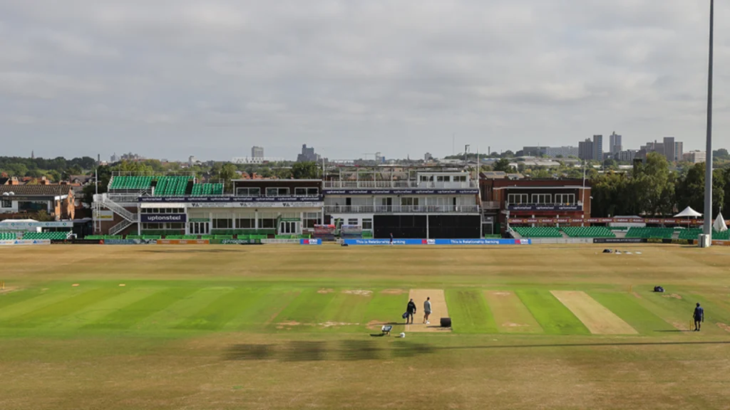 Leicestershire County Cricket Club’s Uptonsteel Ground with empty stands and pitch preparation underway.