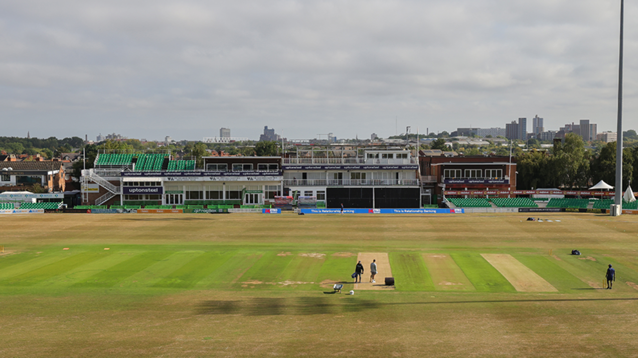 Leicestershire County Cricket Club’s Uptonsteel Ground with empty stands and pitch preparation underway.