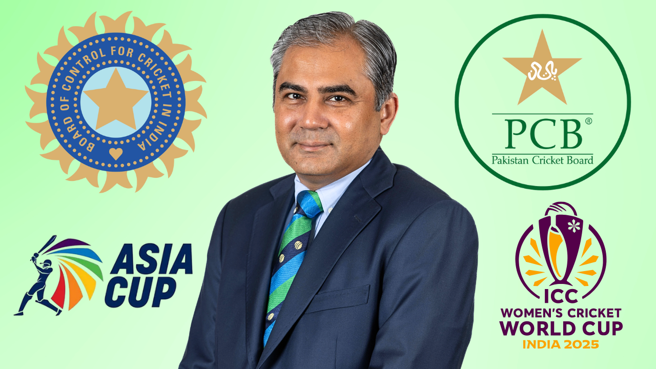 Mohsin Naqvi with PCB, BCCI, Asia Cup, and ICC Women’s Cricket World Cup 2025 logos in the background