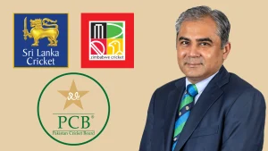 Mohsin Naqvi alongside logos of Pakistan Cricket Board, Sri Lanka Cricket, and Zimbabwe Cricket, representing international cricket collaboration in 2025.
