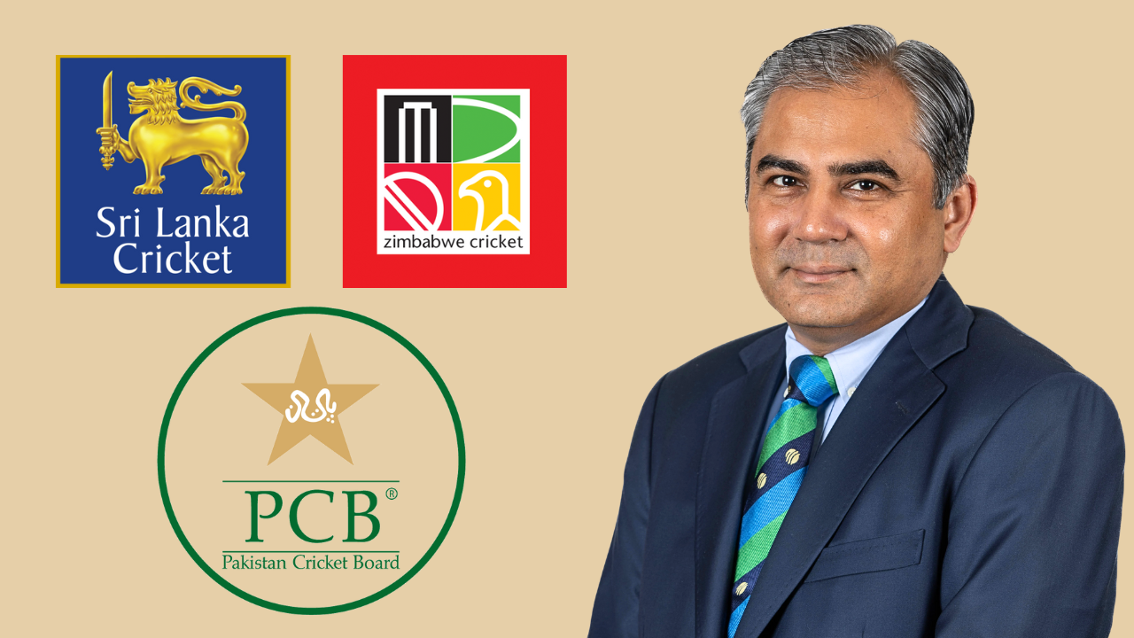 Mohsin Naqvi alongside logos of Pakistan Cricket Board, Sri Lanka Cricket, and Zimbabwe Cricket, representing international cricket collaboration in 2025.