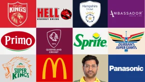 Collage featuring MS Dhoni along with various brand logos such as McDonald’s, Sprite, Panasonic, Primo, and cricket teams like Punjab Kings, Joburg Super Kings, Durban’s Super Giants, and Queensland Cricket.